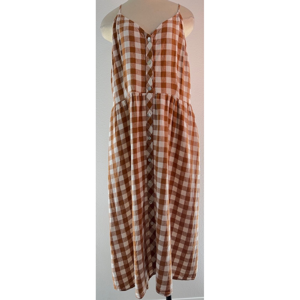 A New Day Mustard Yellow Gingham Print Midi Dress Pockets Linen Blend Womens XL
